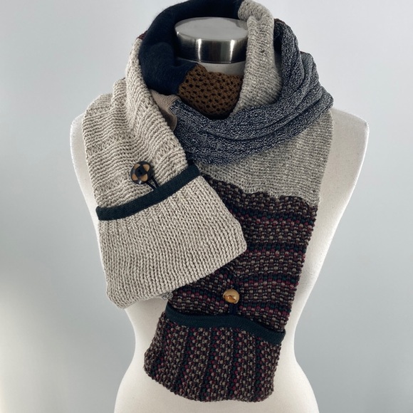 Women's Black Tan Handmade Recycled Sweater Scarf with Vintage Buttons 6… - Picture 1 of 5
